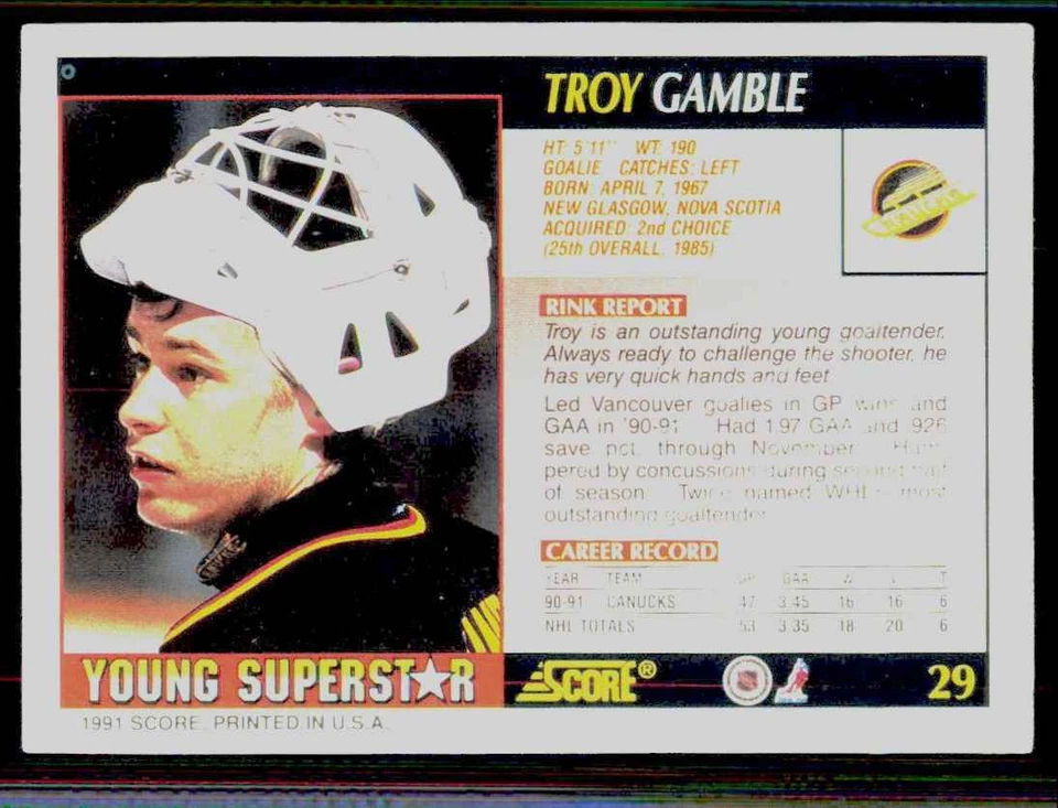 1991-92 Score Young Superstars Troy Gamble Hockey Cards #29 - Image 2 of 2