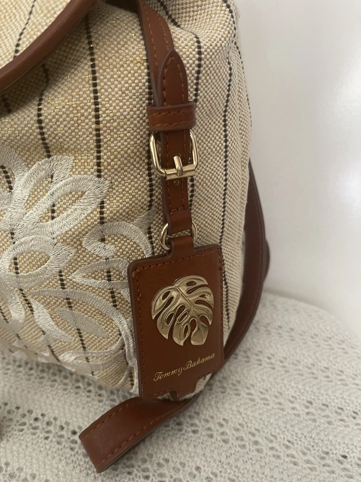 Tommy Bahama Womens Waikiki Backpack Embroidered Linen Leather Purse - Image 2 of 4