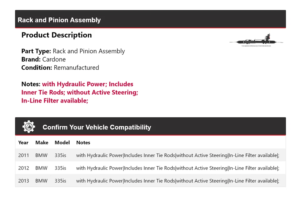 Conjunto de piñón y cremallera Cardone 2012 para BMW 335is 2011-2013 Foto 2 de 4