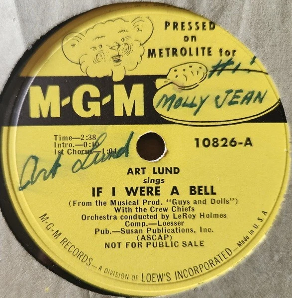 If I Were A Bell, M-G-M 78 RPM Promo Signed by Art Lund to Molly Jean, in Sleeve - Bild 2 von 2