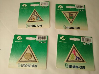 Girl Scout Brownies Badge Lot of 4 Patches Try-Its Iron On New Triangle Some Vtg