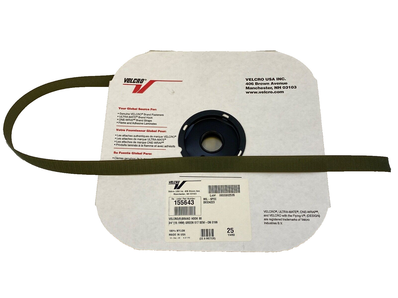 25 YARDS - 3/4 INCH VELCRO® Brand HOOK Fastener Sew On MilSpec Tape RANGER GREEN