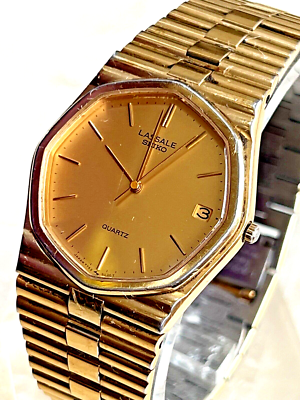 Seiko Lassale Watch Men Gold Tone Gold Dial Date 32mm Octagon 7752