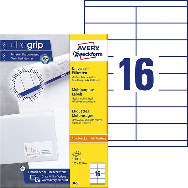 Avery Zweckform 3665 Adressaufkleber (1.600 Klebeetiketten, 105X33,8Mm Auf A4, P-image