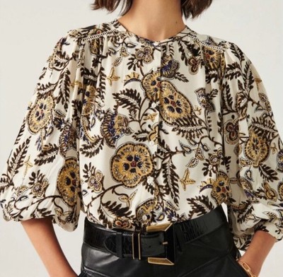 Ba&sh Valska Printed Blouse Peasant Button Down Shirt Size Medium