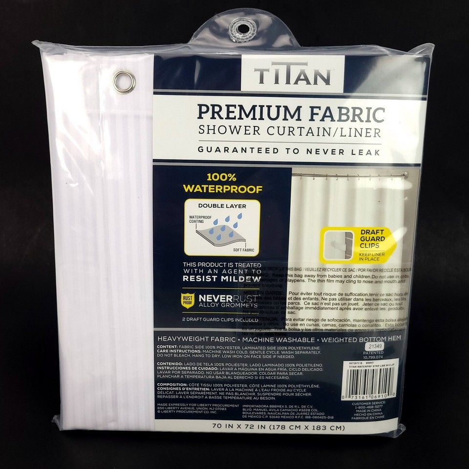 Titan Premium Fabric Shower Curtain Liner Never Leak 70x72" White