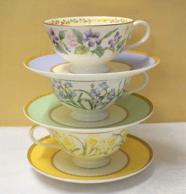 3 x Profusion Bone China Weitmund Tassen & Untertassen gelb lila grün