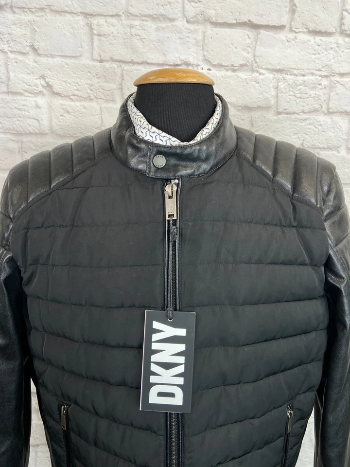DKNY Hombres Negro PUFFER Aislado Motocicleta Cremallera Frontal Abrigo Chaqueta 'L' Foto 3 de 4