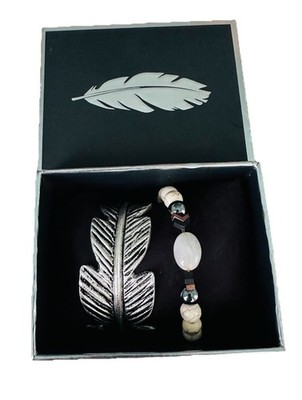 Rustic Cuff RC Feather Cuff Bracelet Beaded Stretch Stack Set with Gift Box