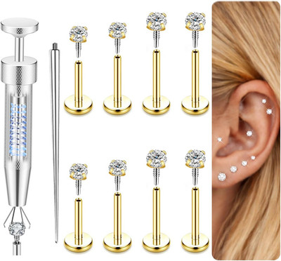 18G Flat Back Stud Earrings for 4Pairs,16Gauge,Threaded,2/2.5/3/4Mm CZ, Gold