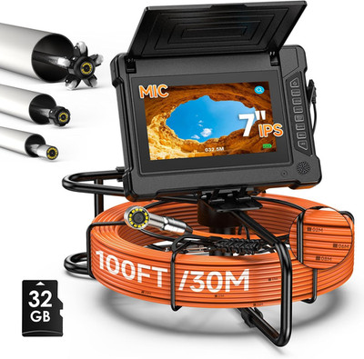 Sewer Camera 100Ft, Drain Pipe Inspection Camera with 7'' IPS HD Screen, DVR & Au
