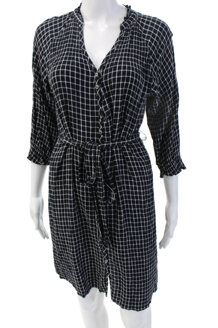 Maeve Anthropologie Womens Shirt Dress Black Check V-Neck 3/4 Sleeve Size XSFree Shipping in US $100+ Orders | $6.95 Orders Below
