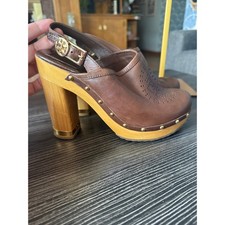 Tory Burch Brayden Brown Leather Logo Slingback Wood Clog Sz. 7