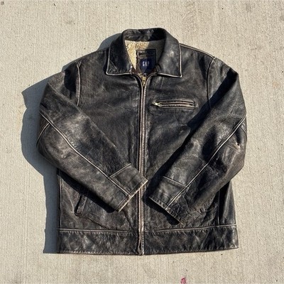 GAP Black Leather Fleece Lined Zip Front Jacket Point Collar Men's Size L