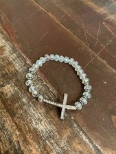 Silver tone Beaded Crystal Bracelet Crystal Cross Elastic