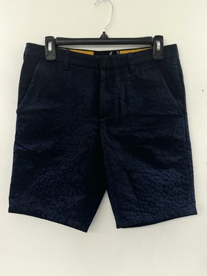 RAF SIMONS X FRED PERRY MEN S TONAL BLUE LEOPARD PATTERN SHORT PANTS SZ. 30