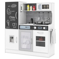 Play Kitchen Toy Set w/ Chalkboard Oven Sink Curtain Microwave Water Dispenser