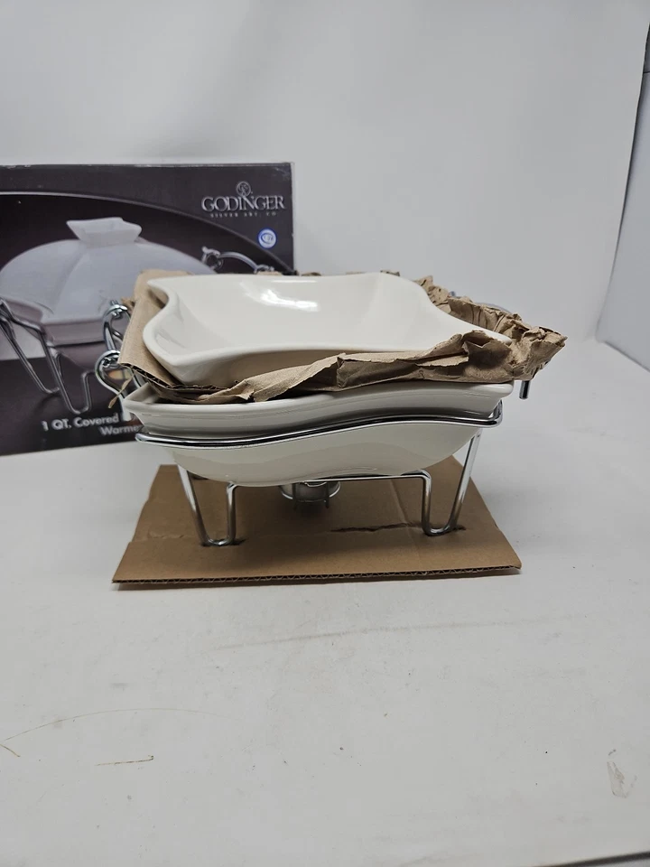 SIENNA by GODINGER White Ceramic Covered Chafing / Casserole Dish & Metal Stand - Image 2 of 4