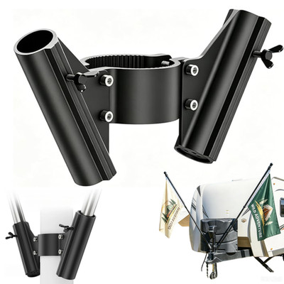 RV Dual FlagPole Mount for Trailer Tongue Jack Aluminum Alloy Double Flag Holder