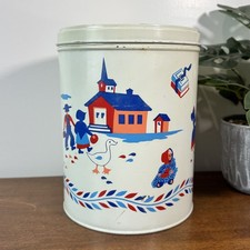 Vintage Dutch Children Scene Tin Canister Storage Box Mid-Century Farmhouse