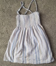 American Eagle Linen Blend Striped Dress Size Medium Blue Stripe Smocked Beach
