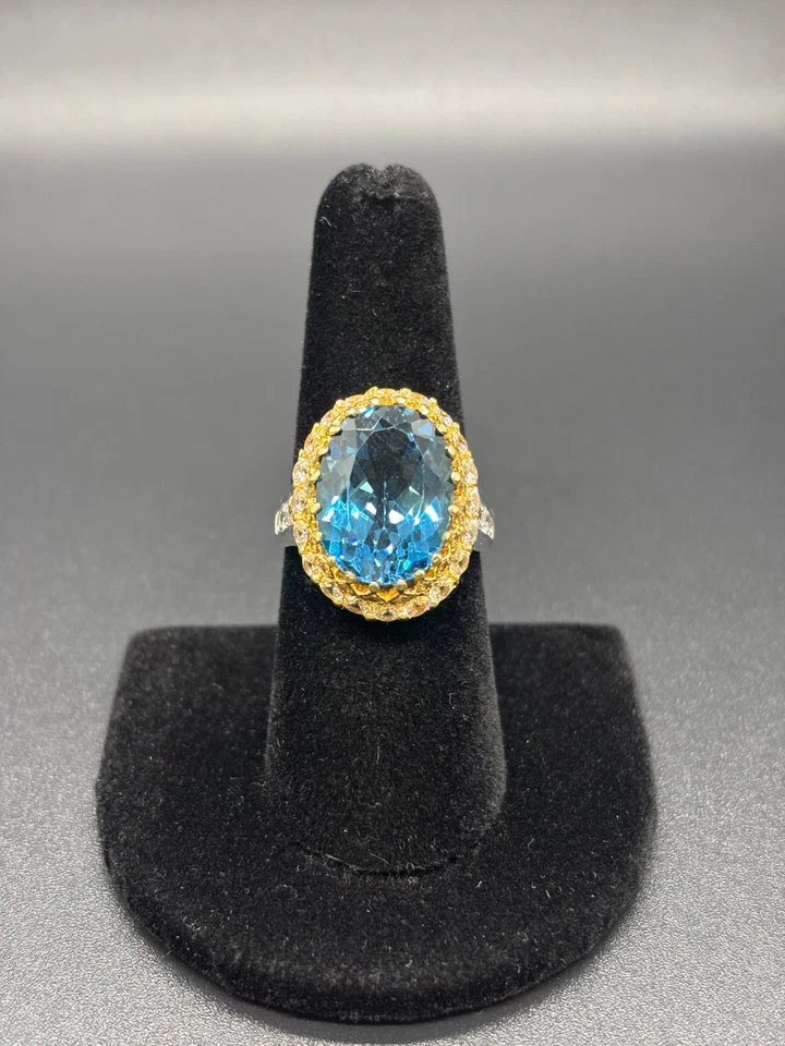 Anillo Londres Topacio Azul 11.08ct con 46 Circonitas Blancas Plata 925 Oro 24K - Certificado Foto 2 de 4