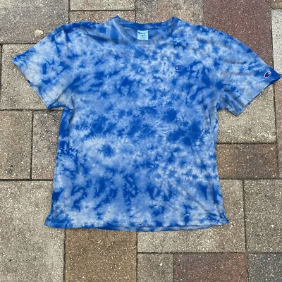 Champion Blue Tie Dye T Shirt Size Large Embroidered Logo Sports T-Shirt