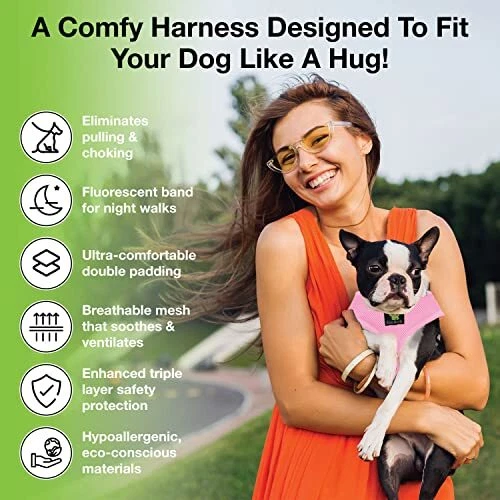 Dog Harness - Eco 3. Medium-10 to 17 lbs - Neck Up to 12.5 in Baby Pink