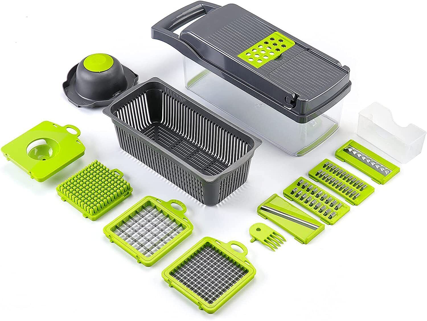 Set Mandolina E Tagliaverdure 16 Pezzi Con Contenitore In Vetro, Lame In Acciaio Inox, BPA Free