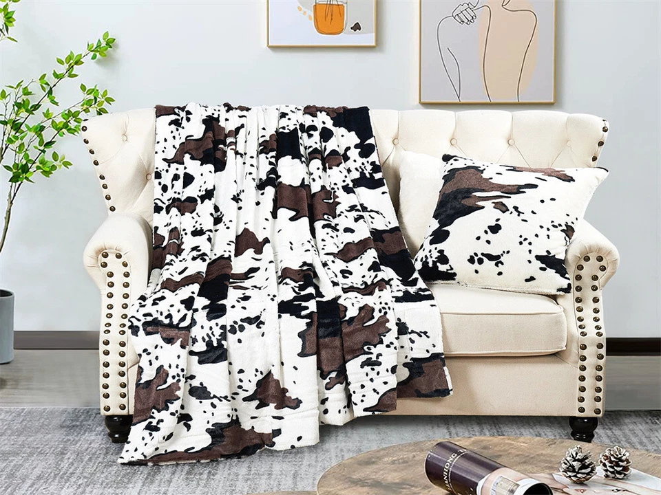 Manta de piel sintética con estampado de vaca HST suave acogedora reversible otoño invierno decoración regalo Foto 3 de 4