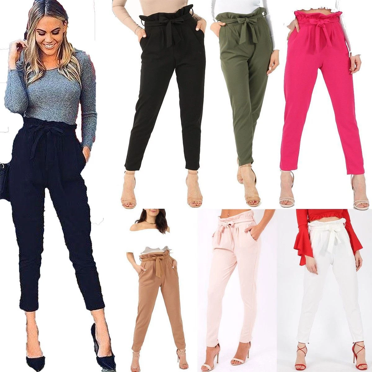 Womens Paper Bag Tie Waist Belted Pants Ladies Full Length