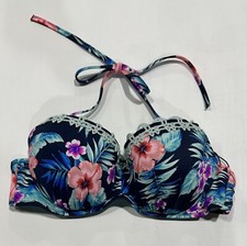 Womens Summer Lightly Lined Lace Halter Bikini Top Shade  Shore Blue Floral 36B
