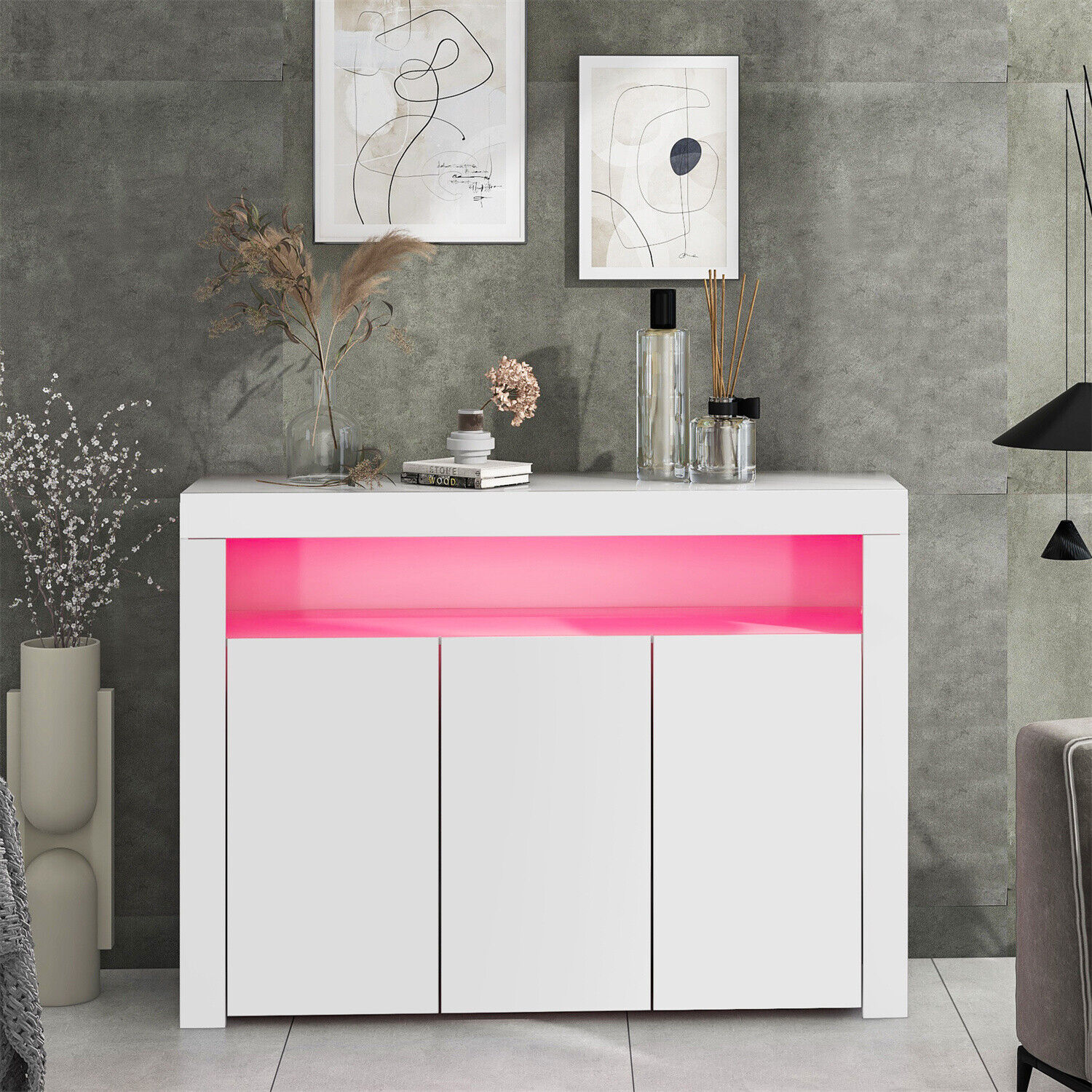 Sideboard Kommode Anrichte Highboard Weiß Hochglanz mit LED Beleuchtung merax