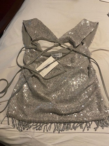 LADIES OUTCAST ALONDRA MINI SILVER DRESS - SIZE SMALL - TAG 600