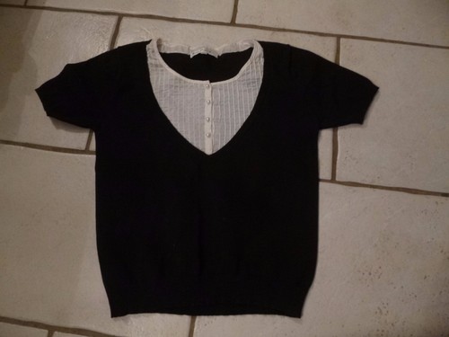 Pull Noir Avec Col Blanc En Dentelle Soie - Taille M, Neuf, Style élégant