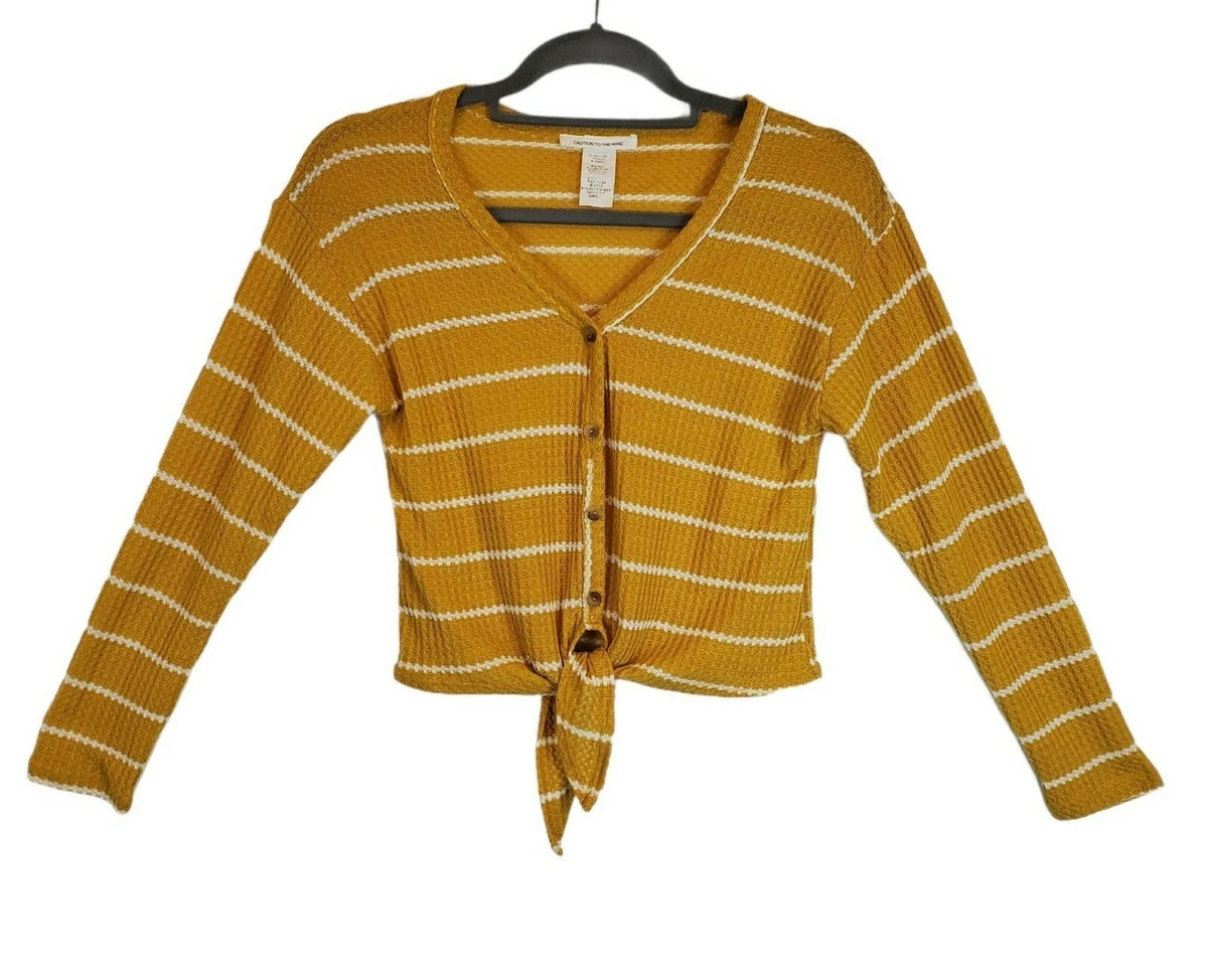 Caution To The Wind Striped Waffle Knit Cropped Tie Front Long