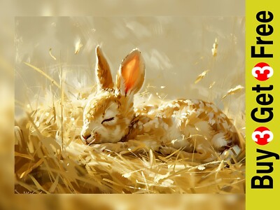 Schlafendes Baby Kaninchen 5''x7'' Druck auf mattem Papier | Friedliche Tierwelt Malerei