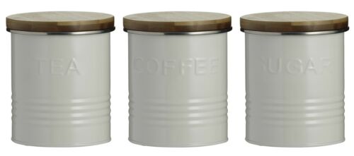 Typhoon Gewellt Metall Tee Kaffee Zucker Kanister Set Creme Luftdicht Bambus - Zdjęcie 1 z 1