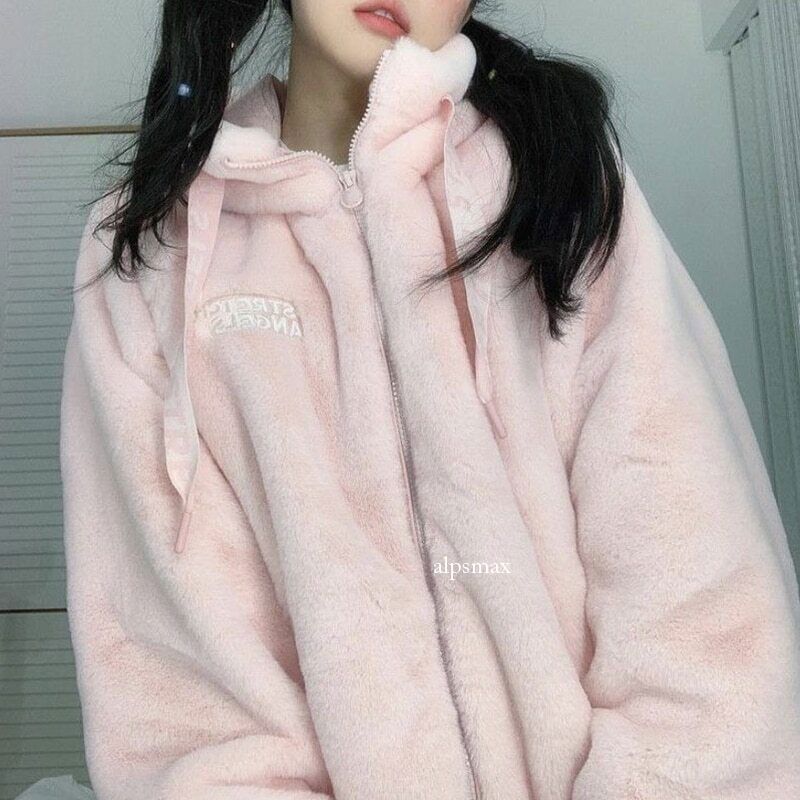 Pink Zipper Sweatshirt Fall Flannel Long Sleeve Top Cute Girl Hoodie hot