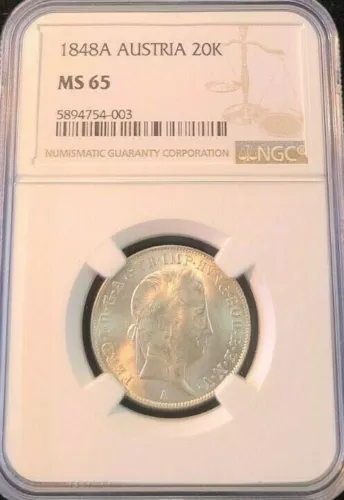 1848 AUSTRIA SILVER 20 KREUZER FERDINAND I NGC MS 65 TOP POP ABSOLUTELY STUNNING
