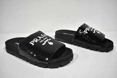 Prada Black Sequin White Logo Slide Sandal Slip On Pool Flip Flop