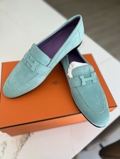Hermes Paris Loafers Suede Women Size 39/9 Turquoise Color NEW