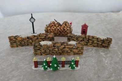 Department 56 Village Log Pile Fence, Stones Walls, Mailbox, clock.  Misc.