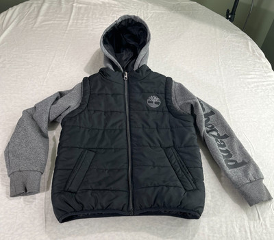 Timberland Kids Hooded Jacket Puffer Vest Logo Sleeve Gray Black Size Small 7/8