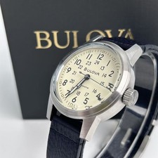 New Bulova Hack 96A246 Men's Automatic Watch Ivory Dial Black Leather Strap 38mm