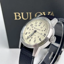 New Bulova Hack 96A246 Men's Automatic Watch Ivory Dial Black Leather Strap 38mm