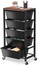Rolling Cart with 5 Drawers, Plastic Drawer Storage Carts with Wheels Wooden