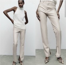 Zara Beige Faux Leather Pants 2 Slit Hem Flared Straight Leg High Rise Festival