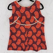 Handmade Vintage 70s Tank Top Orange Blue Paisley Pearls Sequins Retro Disco M-L