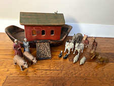 Vintage Wolf Creek Wood Noah s Ark Play Set w/Roof Ramp, Carved Animals/Figures
